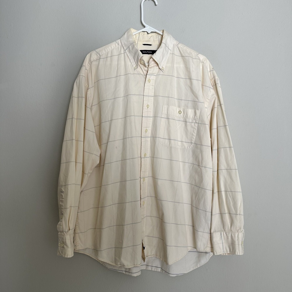 Vtg Nautica Shirt Mens Size‎ XL Beige White Striped Casual Button Up Some Stains